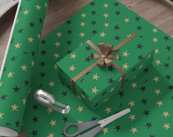 Green Star Pattern Gift Wrap Paper | Holiday Wrapping Paper