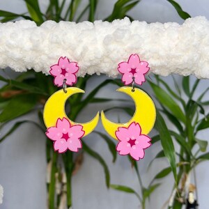 Sakura crescent moon earrings