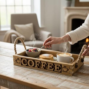 Rustic Wooden Coffee Tray – Farmhouse Coffee Bar Decor, Handcrafted Oak Coffee Station Organizer, Engraved Rope Handle Tray, Christmas Gift