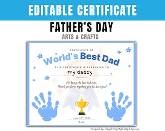 EDITABLE Father&#39;s Day Best Dad Certificate Keepsake | Hand Print Art | Keepsake for Dad | Kids Arts and Crafts Activity | Happy Father&#39;s Day