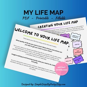 May include: A printable PDF titled "MY LIFE MAP" with the text "WELCOME TO YOUR LIFE MAP" and "CREATING YOUR LIFE MAP". The document includes prompts for self-reflection and goal setting, with a pink "INSTANT DOWNLOAD" button.