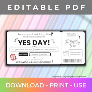 Yes Day Coupon Printable PDF | Special Gift for Kid | editable yes day at the mall | Surprise Gift | Fun Day Coupon | Printable PDF