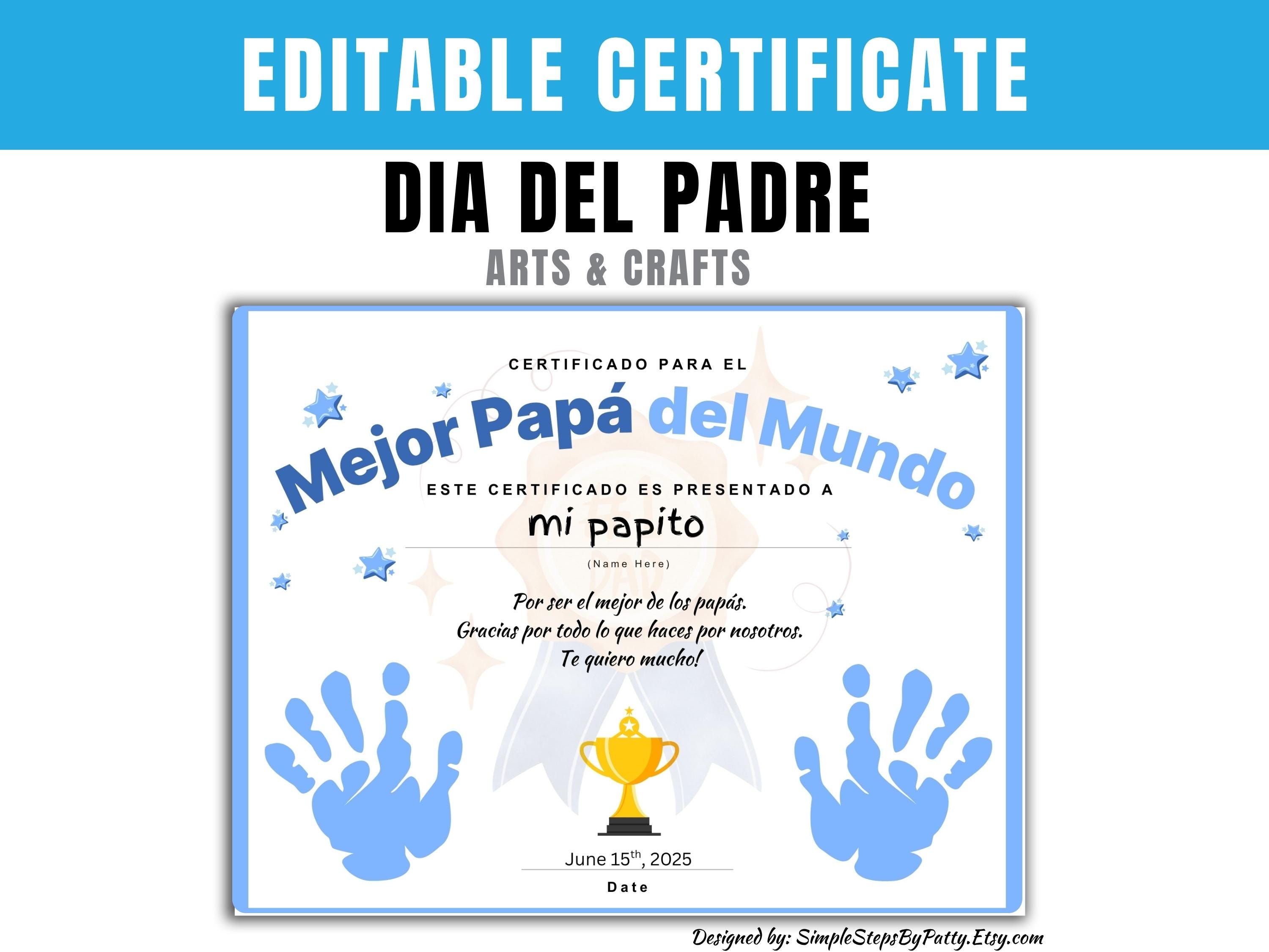 EDITABLE Dia del Padre Mejor Papá Certificate Keepsake | Hand Print Art | Keepsake for Dad | Kids Arts and Crafts Activity | Feliz Dia Papá