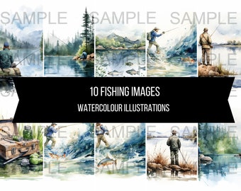 10 Vissen foto's illustraties kunst instant digitale download artwork clipart afbeeldingen aquarel meren vis landschap