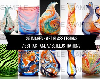 25 Art Glass-ontwerpen, afbeeldingen, glasblazen, afbeeldingen, afbeeldingen, instant digitale downloadillustraties clipartafbeeldingen aquarelillustraties
