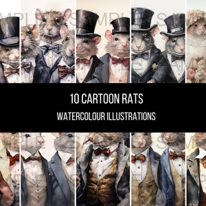 10 rats déguisés art de la bande dessinée téléchargement numérique instantané clipart images aquarelle noeuds papillon