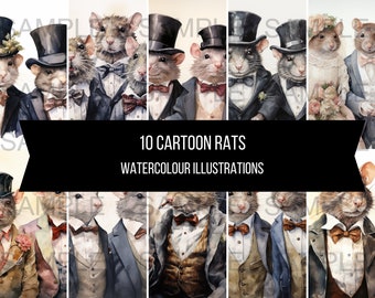 10 ratten verkleed cartoon kunst instant digitale download clipart afbeeldingen aquarel strikjes