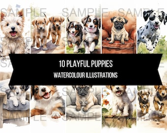 10 Puppies foto's illustraties kunst instant digitale download artwork clipart afbeeldingen aquarel huisdieren