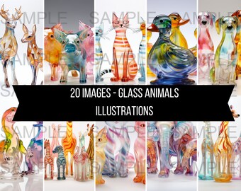 25 glazen dierenkunstwerkafbeeldingen, glasblazen, afbeeldingen, afbeeldingen, instant digitale download clipartafbeeldingen aquarelillustraties
