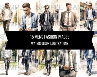 15 Herenmode outfits foto's kunst instant digitale download artwork clipart afbeeldingen aquarel illustraties