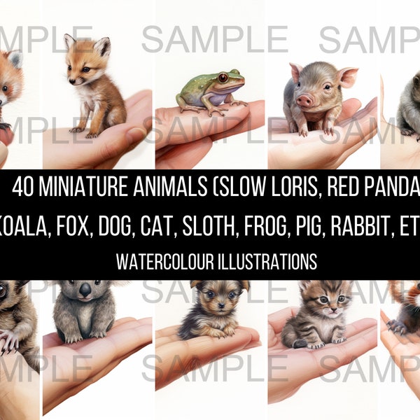 40 miniature animal art instant digital download artwork clipart images watercolour illustrations (incl. dog, cat, fox, sloth, slow loris)