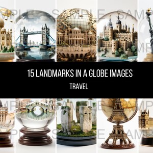 May include: A collection of 15 snow globes, each featuring a different famous landmark from around the world. The snow globes are displayed on a white background with the text "15 LANDMARKS IN A GLOBE IMAGES TRAVEL" above them.