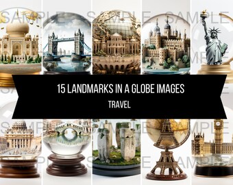 15 monumenten in een wereldbol afbeeldingen interpretatie kunst instant digitale download artwork clipart illustraties Londen Italië VS Frankrijk Reizen