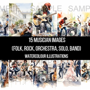 15 pictures of Musicians rock folk orchestra solo band drawing watercolour illustrations art instant digital download artwork clipart images