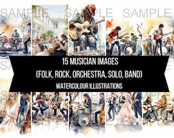 15 foto's van muzikanten rock folk orkest solo band tekening aquarel illustraties kunst instant digitale download artwork clipart afbeeldingen