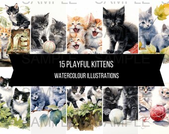 15 speelse KITTENS kunst instant digitale download clipartafbeeldingen aquarel katten gember zwart en wit