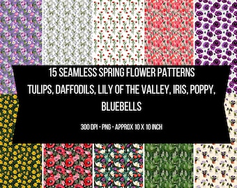 Naadloos lente bloemen digitaal patroon, digitale ontwerpen, inpakpapier, botanische kunst, papaver, lelietje-van-dalen, narcissen, tulpen, iris