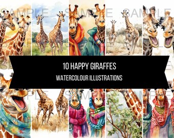 10 giraffen cartoon kunst instant digitale download artwork clipart afbeeldingen aquarel sjaals