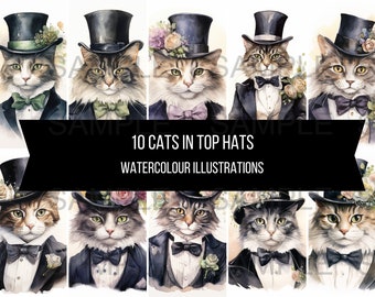 10 KATTEN in TOP HOEDEN illustraties kunst instant digitale download clipart afbeeldingen aquarel trouwkostuums