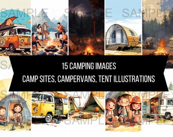 15 Camping Campervan Tent afbeeldingen home decor kunst instant digitale download artwork clipart illustraties buitenleven