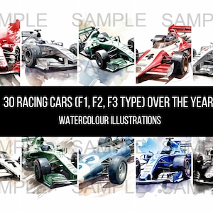 May include: Watercolor illustrations of 30 racing cars, including Formula 1, Formula 2, and Formula 3 cars. The cars are painted in various colors, including red, green, blue, and black.
