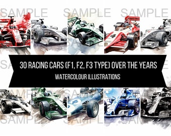 30 raceauto's interpretatie foto's illustraties kunst instant digitale download artwork clipart afbeeldingen aquarel F1 F2 F3 door de jaren heen