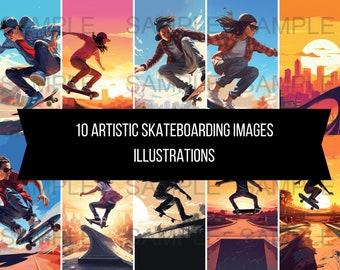 10 Skateboarders foto's illustraties kunst instant digitale download artwork clipart afbeeldingen aquarel skatepark, stadsgezicht, zonsondergangen