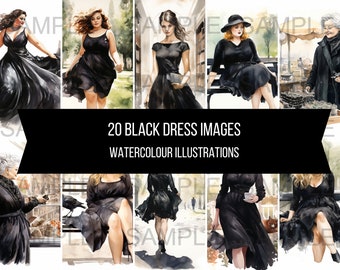 20 zwarte jurk mode beelden outfits ontwerpen foto's kunst instant digitale download artwork clipart afbeeldingen aquarel illustraties