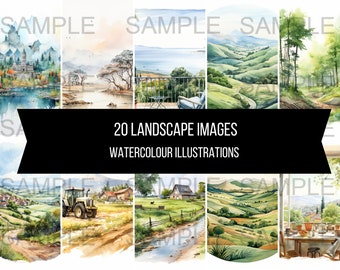 20 foto's van landschappen platteland kleurrijke aquarel illustraties kunst instant digitale download artwork clipart afbeeldingen