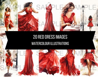 20 rode jurk mode outfit ontwerp foto's kunst instant digitale download artwork clipart afbeeldingen aquarel illustraties