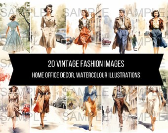 20 Vintage mode outfit ontwerp foto's kunst instant digitale download artwork home decor clipart afbeeldingen aquarel illustraties