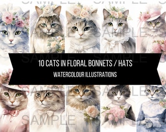 10 gatos lindos con imágenes de sombreros, imágenes prediseñadas, gorros y fascinadores, flores de boda, impresiones de arte digital, descarga digital instantánea