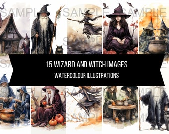 15 tovenaar en heksen foto's illustraties kunst instant digitale download artwork clipart afbeeldingen aquarel geesten spookachtig