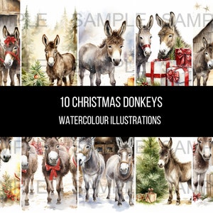 May include: Watercolor illustrations of donkeys in a Christmas theme. The image features ten different illustrations of donkeys, some with red bows, near Christmas trees, and wrapped gifts. The text "10 Christmas Donkeys Watercolour Illustrations" is displayed.