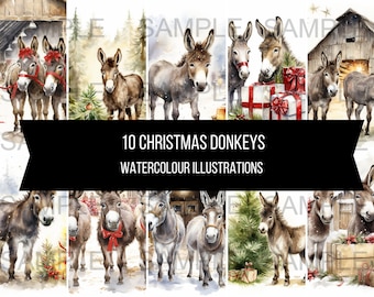 10 imágenes de burro de Navidad arte alternativo y tradicional descarga digital instantánea imágenes prediseñadas imágenes ilustraciones de acuarela