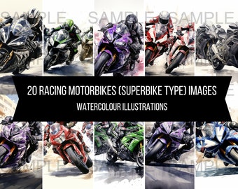 20 Motos de carreras (tipo Superbike) imágenes de acción ilustraciones arte descarga digital instantánea imágenes prediseñadas imágenes acuarela