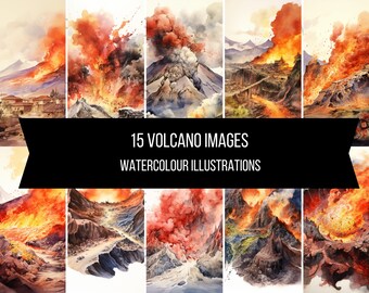 15 vulkaan en lava afbeeldingen illustraties kunst instant digitale download artwork clipart afbeeldingen aquarel landschapsmeningen