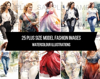 25 Plus Size modellen Outfit Fashion foto's kunst instant digitale download artwork clipart afbeeldingen aquarel illustraties