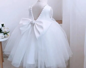 White Pearls Flower Girl Dress First Birthday Baby Dress Tutu Toddler Baptism Dress Special Occasion First Communion Pageant Dress Big Bow