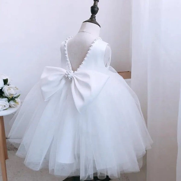 White Pearls Flower Girl Dress First Birthday Baby Dress Tutu Toddler Baptism Dress Special Occasion First Communion Pageant Dress Big Bow