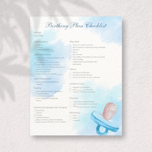 Customizable Blue Watercolor Pregnancy Birth Plan Checklist: One Page Planner for Moms-to-Be