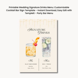 Printable Wedding Signature Drinks Menu: Customizable Cocktail Bar Sign Template - Instant Download, Easy Edit with Canva - Party Bar Menu