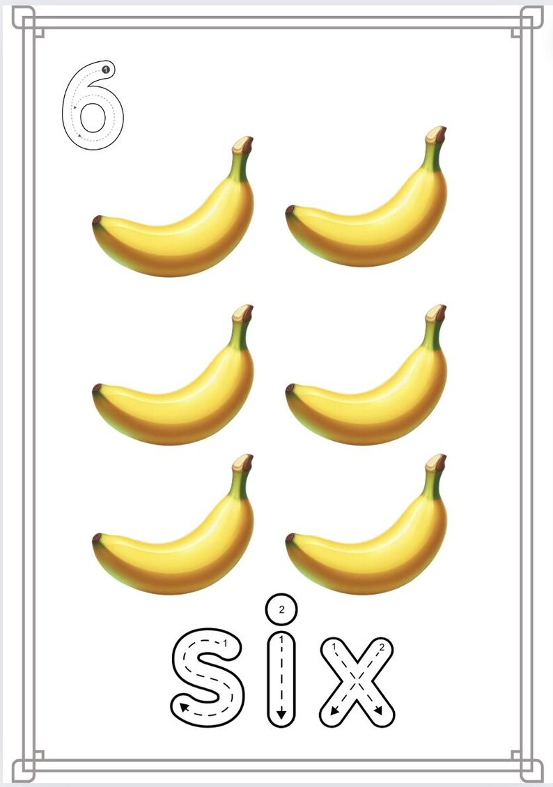 Puede incluir: Una hoja de trabajo para aprender a contar y escribir el n&uacute;mero seis. La hoja de trabajo presenta seis pl&aacute;tanos amarillos y una actividad de trazado de l&iacute;neas punteadas para la palabra "seis".