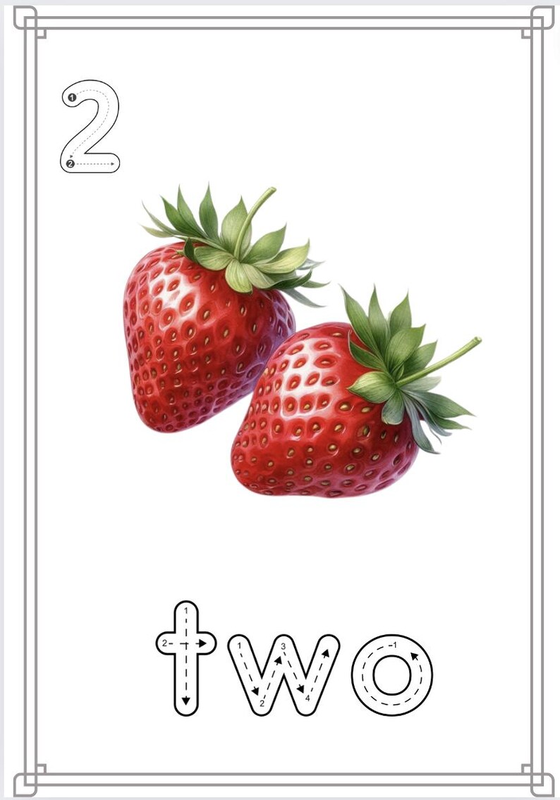 Puede incluir: Una hoja de trabajo imprimible para aprender el n&uacute;mero dos. La hoja de trabajo presenta una actividad de trazado para el n&uacute;mero dos, dos fresas rojas y la palabra "dos" con l&iacute;neas de trazado.