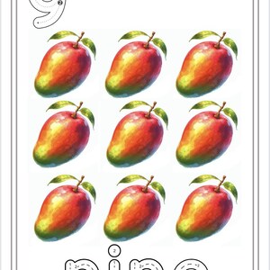 Puede incluir: Una hoja de trabajo para aprender el n&uacute;mero nueve. El n&uacute;mero nueve est&aacute; escrito en una l&iacute;nea punteada para trazar. Hay nueve mangos rojos en fila. La palabra "nueve" est&aacute; escrita en l&iacute;neas punteadas para trazar.