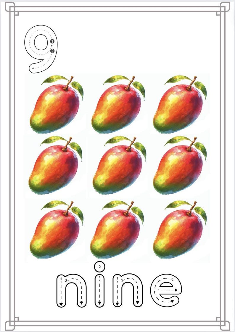 Puede incluir: Una hoja de trabajo para aprender el n&uacute;mero nueve. El n&uacute;mero nueve est&aacute; escrito en una l&iacute;nea punteada para trazar. Hay nueve mangos rojos en fila. La palabra "nueve" est&aacute; escrita en l&iacute;neas punteadas para trazar.