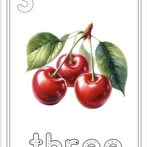 Puede incluir: Una hoja de trabajo de trazado para el n&uacute;mero tres con la palabra "tres" escrita debajo. El n&uacute;mero est&aacute; rodeado de tres cerezas rojas con hojas verdes.