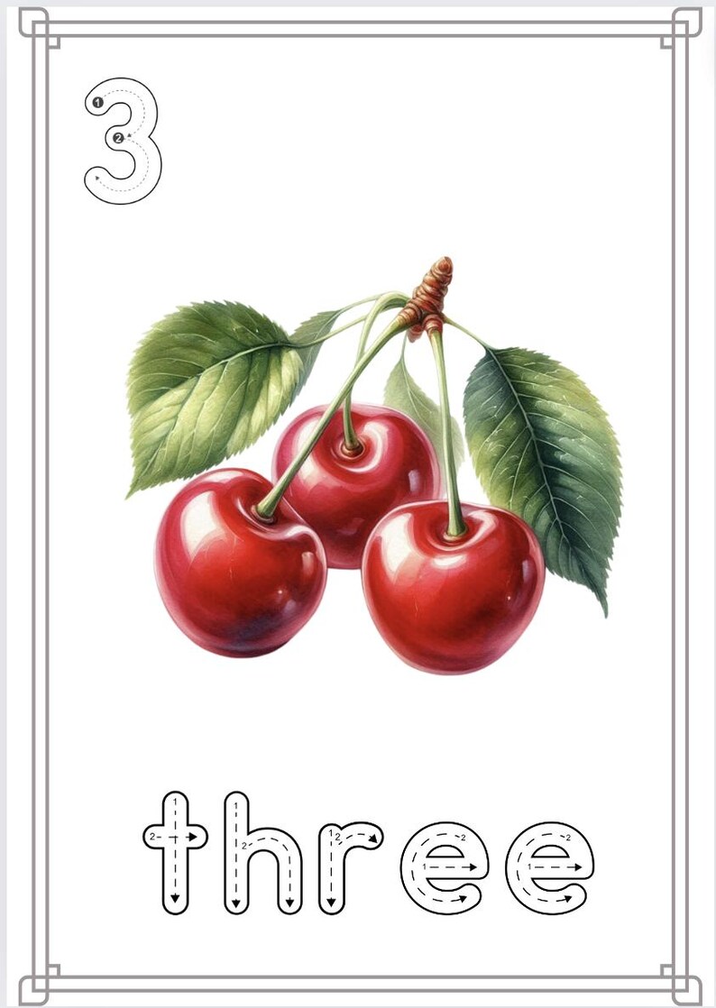 Puede incluir: Una hoja de trabajo de trazado para el n&uacute;mero tres con la palabra "tres" escrita debajo. El n&uacute;mero est&aacute; rodeado de tres cerezas rojas con hojas verdes.