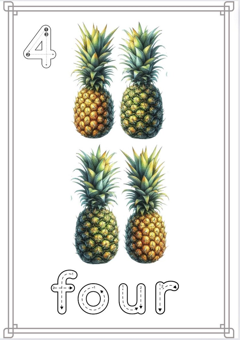 Puede incluir: Una hoja de trabajo imprimible para aprender el n&uacute;mero cuatro. La hoja de trabajo presenta el n&uacute;mero cuatro escrito en letra grande con l&iacute;neas punteadas para trazar. Hay cuatro ilustraciones de pi&ntilde;as, y la palabra "cuatro" est&aacute; escrita en l&iacute;neas punteadas para trazar.