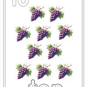 Puede incluir: Una hoja de trabajo imprimible para que los ni&ntilde;os aprendan el n&uacute;mero 10. La hoja de trabajo presenta un gran n&uacute;mero 10 con l&iacute;neas punteadas para trazar, y diez racimos de uvas. La palabra "diez" est&aacute; escrita debajo de las uvas con l&iacute;neas punteadas para trazar.
